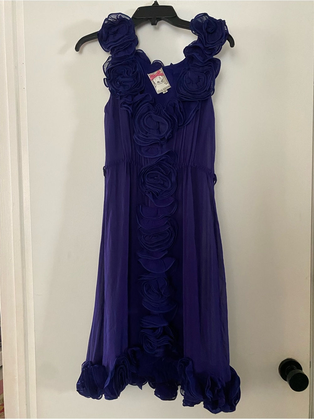 Yoana Baraschi Purple 100% Silk Rosette Ruffle Mini Dress Size 4